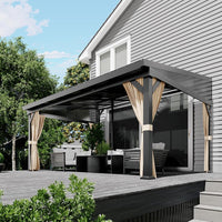 Garvee 10'x14' Wall-Mounted Lean-To Gazebo with Galvanized Steel Roof, Gutters, Sliding Netting & Curtains, Rust-Resistant Frame, UV Protection, Patio & Garden