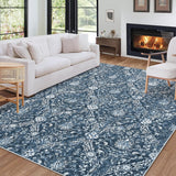 Garvee 9x12 Rug Large Washable Area Rug Non-Slip Non-Shedding Faux Wool Vintage Rug for Living Room, Farmhouse, Dining Room, Indoor, Kids Playroom Navy - Blue