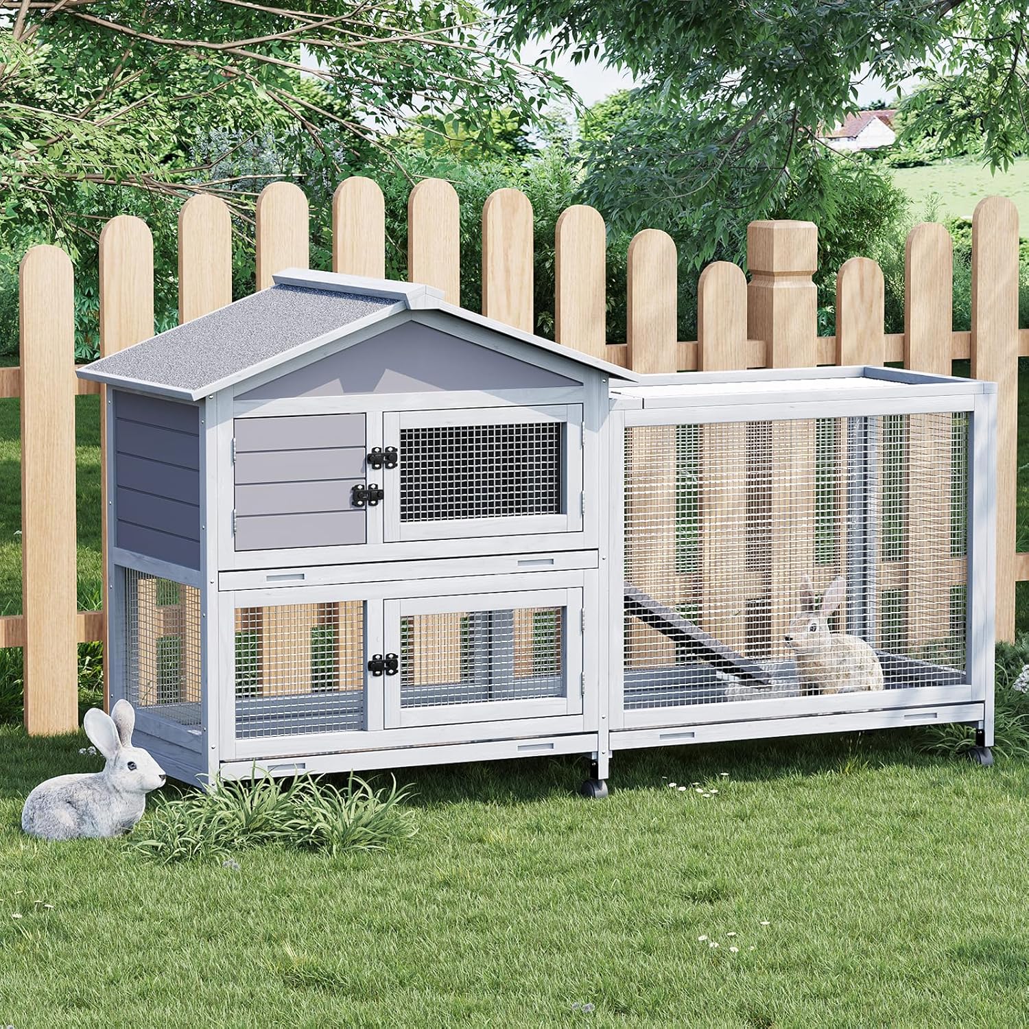 Garvee 63“ Rabbit Cage with Weatherproof Roof, Bunny Cage with 6 Lockable Caster Wheels & Pull-Out Tray, Rabbit Hutch for Indoor Outdoor Use, Grey
