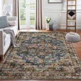 Garvee 9x12 Area Rug Vintage Distresse Machine Washable Area Rug for Living Room Bedroom Traditional Medallion Floral Non-Slip Stain Resistant Accent Rug Carpet for Home Decor, Blue/Brown - Blue Brown
