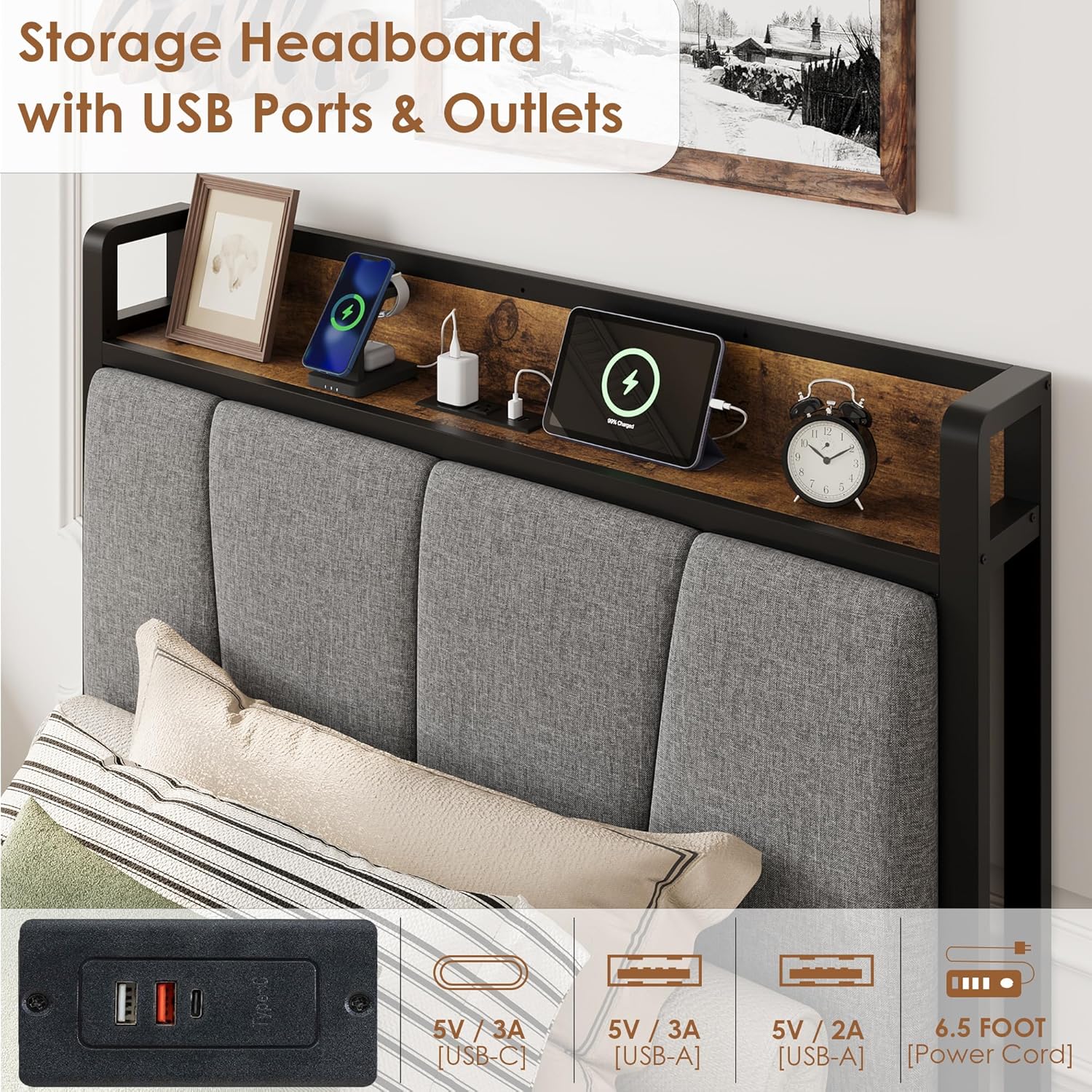 Garvee Twin Size Bed Frame with 2 Storage Drawers and Charging Station, Rustic Linen Upholstered Platform Bedframe with Storage Headboard, Heavy Duty, Easy to Assemble for Kids, Grey