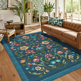 Garvee Washable Rug 9x12 Area Rugs Floral Non Slip Soft Vintage Blue for Living Room Bedroom Dining Room - Teal