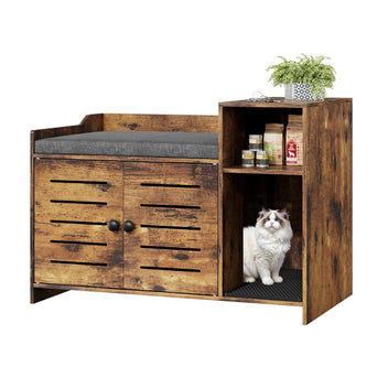 Garvee Cat Litter Box Enclosure, Hidden Litter Box Furniture with Litter Mat & Storage Shelf, Farmhouse Indoor Cat House Cabinet for Hallway, Bedroom, Brown