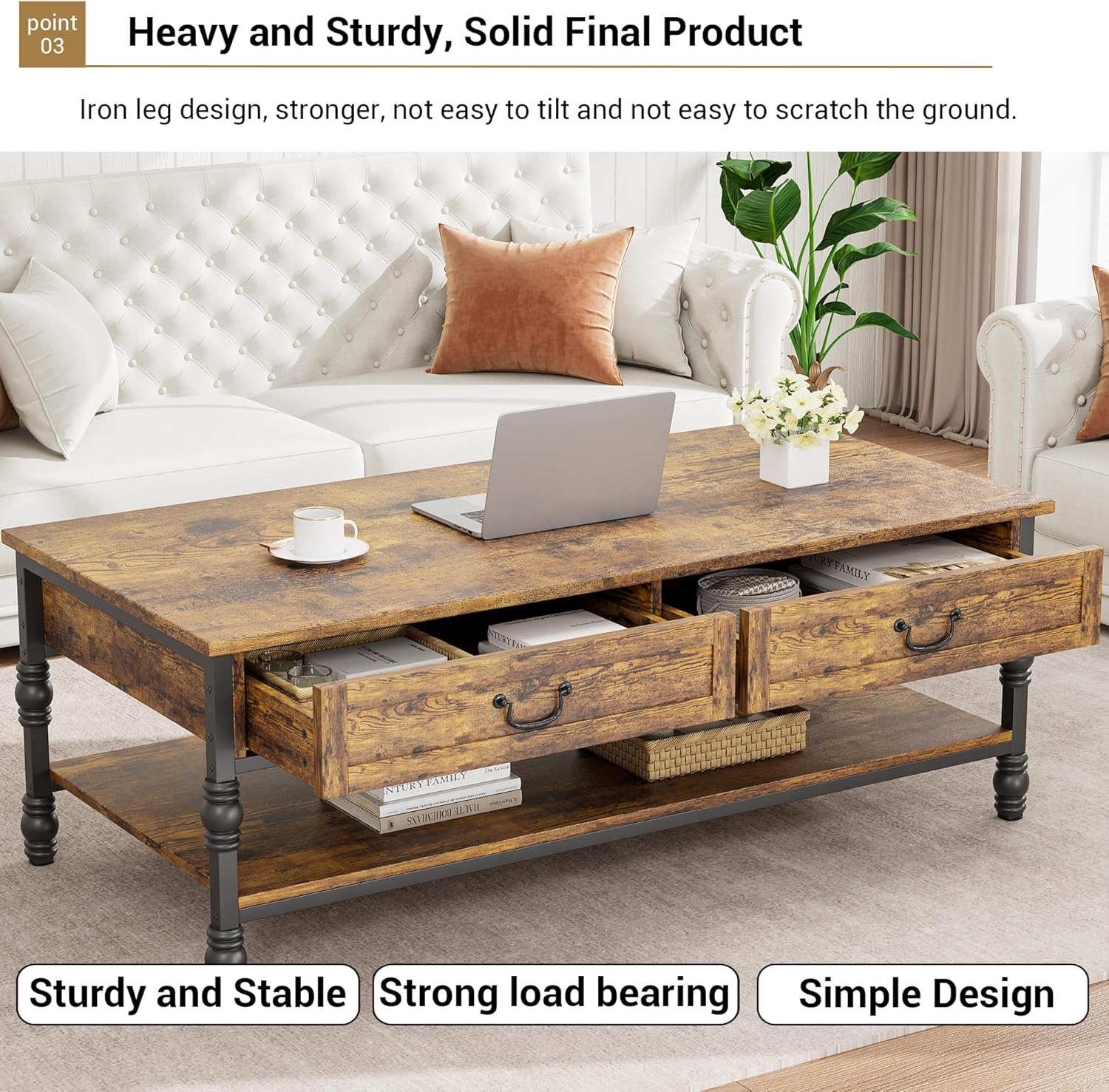 Garvee Vintage Farmhouse Coffee Table with Drawers, 2 Tier Small Wood Coffee Table for Living Room, Rectangular MDF Storage Table with Shelf, Rustic Modern Center Table