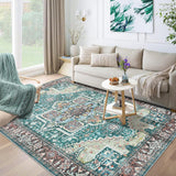 Garvee 8x10 Area Rugs Machine Washable Rug Washable Floral Rug Non-Slip Chic Vintage Low Pile Rugs for Living Room, Bedroom, Farmhouse, Dining Room, Kids Playroom - Green