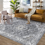 Garvee 8x10 Area Rug Vintage Distressed Machine Washable Area Rug for Living Room Bedroom Traditional Medallion Floral Non-Slip Stain Resistant Accent Rug Carpet for Floor Decoration, Grey - Gray