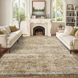 Garvee Vintage Area Rugs 8x10 Washable Floral Print Accent Carpet with Non-Slip Backing, Oriental Distressed Indoor Mat, Foldable Low Pile Floor Cover for Bedroom, Living Room, Beige - Beige