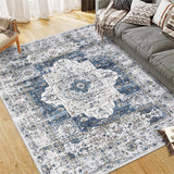 Garvee Area Rug 8x10 Washable Rug Oriental Washable Living Room Rugs Large Vintage Medallion Distressed Carpets Soft Floor Anti Slip Carpet for Under Dining Table Bedroom Farmhouse Home Office,Blue - Navy Blue