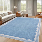Garvee Modern Blue 9x12 Scalloped Washable Area Rugs for Living Room, Solid Rug for Bedroom Girls, Non Slip Throw Mat With Rubber Back, Soft Dorm Nursery Carpet for Dining Room - Blue