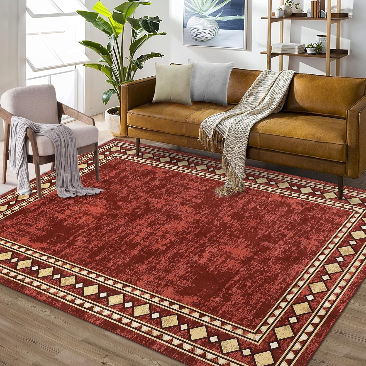 Garvee Bordered Minimalist Non-Slip Area Rug for Living Room & Home Decor, Washable and Stain-Resistant Carpet