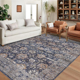 Garvee Area Rug 9x12 Washable Rugs for Living Room Large Vintage Rug Oriental Indoor Floor Carpet Non-Slip Backing Foldable Thin Rug Retro Floral Print Distressed Carpet for Bedroom Dining Blue - Dark Blue