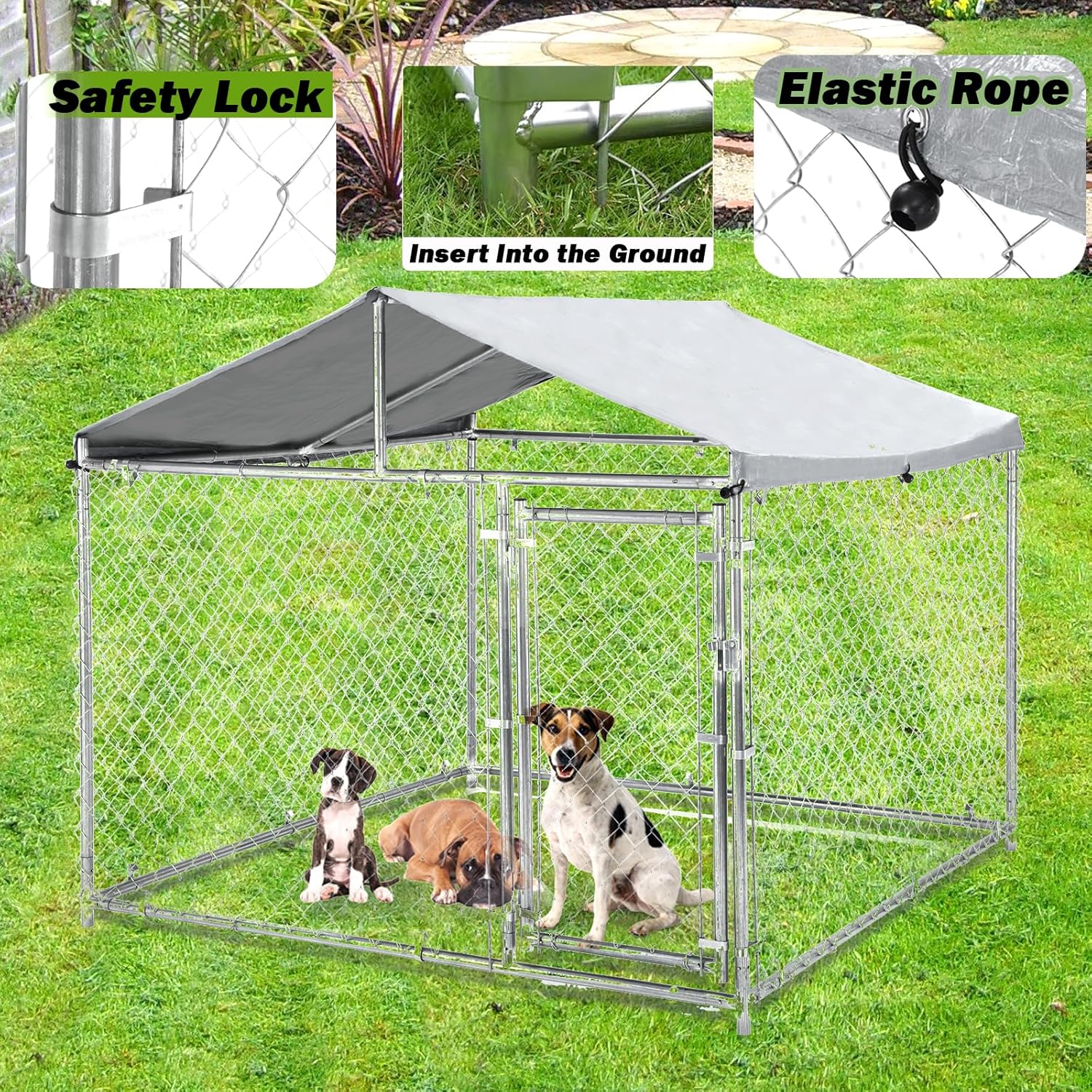 Garvee 6.6ft Heavy Duty Dog Kennel with Pointed Roof, Indestructible Large Kennel Indoor&Outdoor, Dog Enclosure Outside with UV-Resistant Cover for High Anxiety Dogs, Rabbits, Chicken Farming