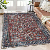 Garvee Large Area Rug Vintage Rug Washable Rug Low Pile Thin Rug Non Slip Soft Rug Ultra-Thin Antique Collection Area Rug Contemporary Accent Carpet for Dining Room, Red/Navy - Red