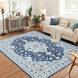 Garvee Washable Area Rug 8x10 Rugs for Living Room Bedroom Dining Room, Ultra-Thin Vintage Large Area Rug for Home Office Floor Decor, Stain Resistant Non Slip Backing Carpet, Blue - Blue
