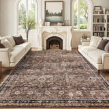 Garvee Vintage Area Rugs Reddish Brown 8x10 Washable Floral Print Accent Carpet with Non-Slip Backing, Oriental Distressed Indoor Mat, Foldable Low Pile Floor Cover for Bedroom, Living Room - Reddish Brown