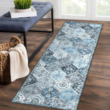 Garvee Hallway Runner Rug 2x8 Washable Moroccan Trellis Runner Rug, Stain Resistant Non-Slip Floor Cover Vintage Distressed Entrance Carpet for Laundry Kitchen Entryway Bedroom - Blue