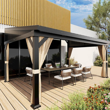 Garvee 10'x14' Wall-Mounted Lean-To Gazebo with Galvanized Steel Roof, Gutters, Sliding Netting & Curtains, Rust-Resistant Frame, UV Protection, Patio & Garden