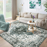 Garvee Vintage Washable Area Rug Oriental Floral Print Carpet for Living Room, Dining Room, Office, Retro Home Decor, Green Traditional Style - Green