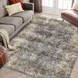 Garvee Washable Area Rug 5x7 Low Pile Entryway Rug Non Slip Floral Print Rug Stain Resistant Throw Rug Ultra-Thin Rug for Living Room Bedroom Dining Room, Grey - Tan & Ivory