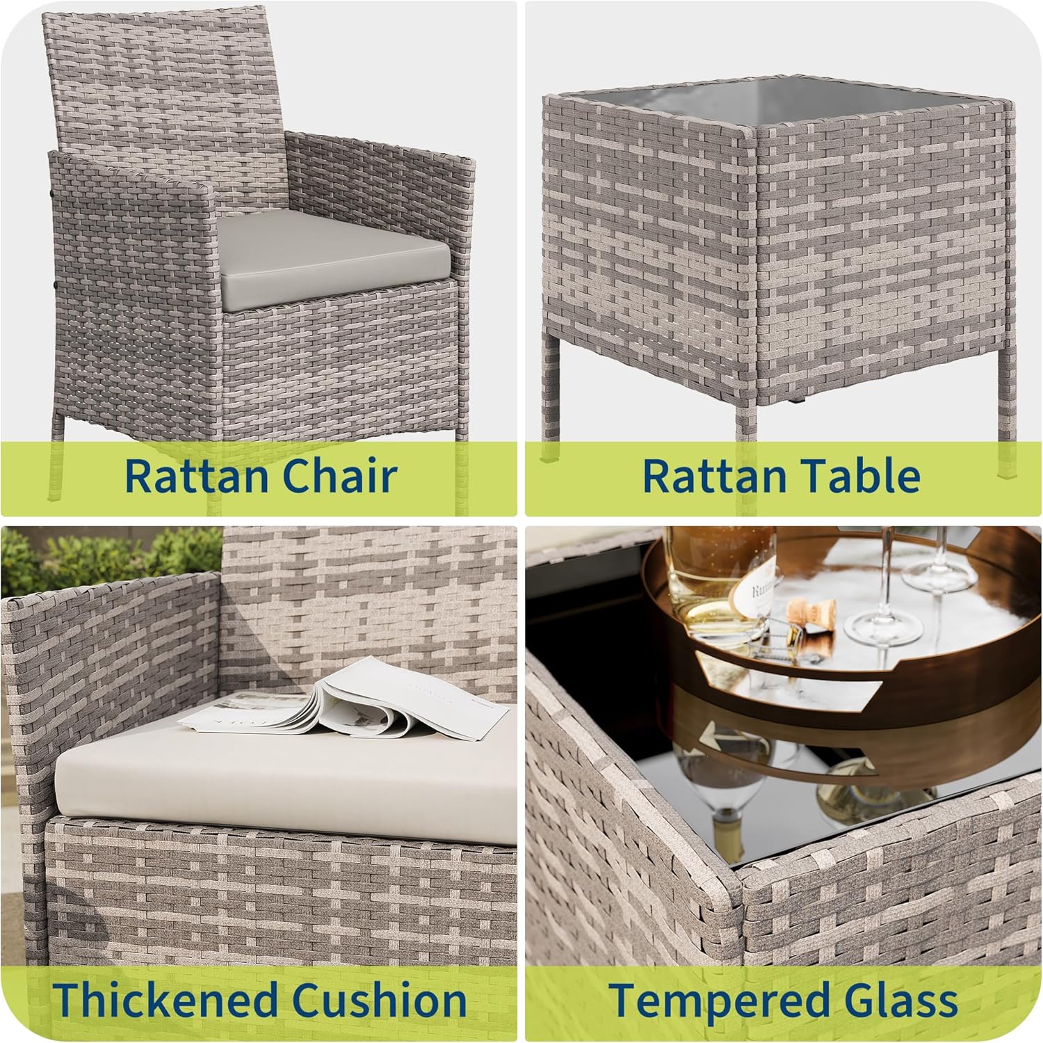 Garvee Patio Porch Furniture Sets 3 Pieces PE Rattan Wicker Chairs with Table Outdoor Garden Furniture Sets
