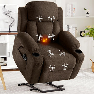 Garvee Large Power Lift Recliner Chair with Heat and Massage, 2 Cup Holders & Side Pocket, USB Port, Electric Lift Recliner for Elderly & Mobility Impaired, Chenille Brown