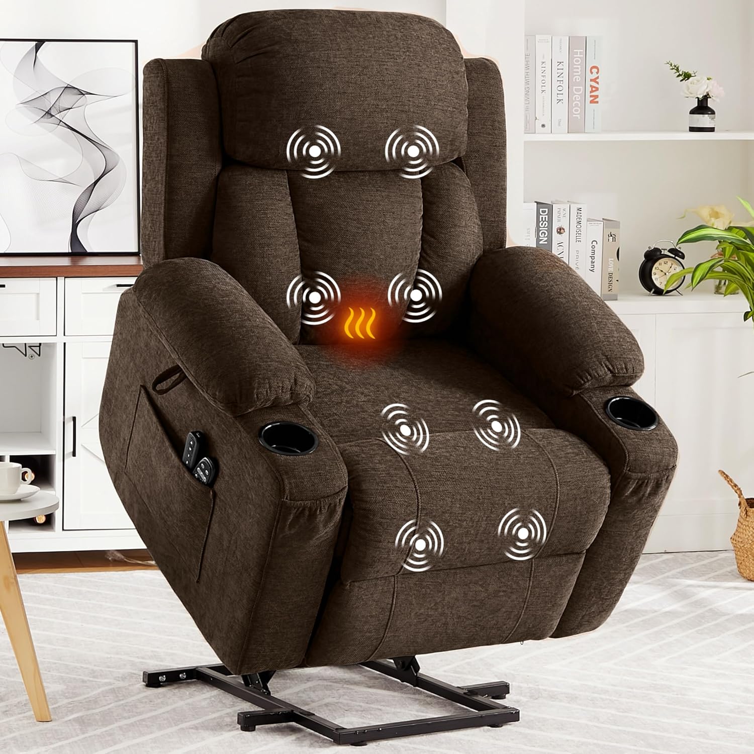 Garvee Large Power Lift Recliner Chair with Heat and Massage, 2 Cup Holders & Side Pocket, USB Port, Electric Lift Recliner for Elderly & Mobility Impaired, Chenille Brown