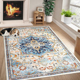 Garvee Washable Boho Rug 8x10 Non-Slip Colorful Oriental Medallion Soft Stain Resistant Polyester for Living Room Bedroom Dining - Blue