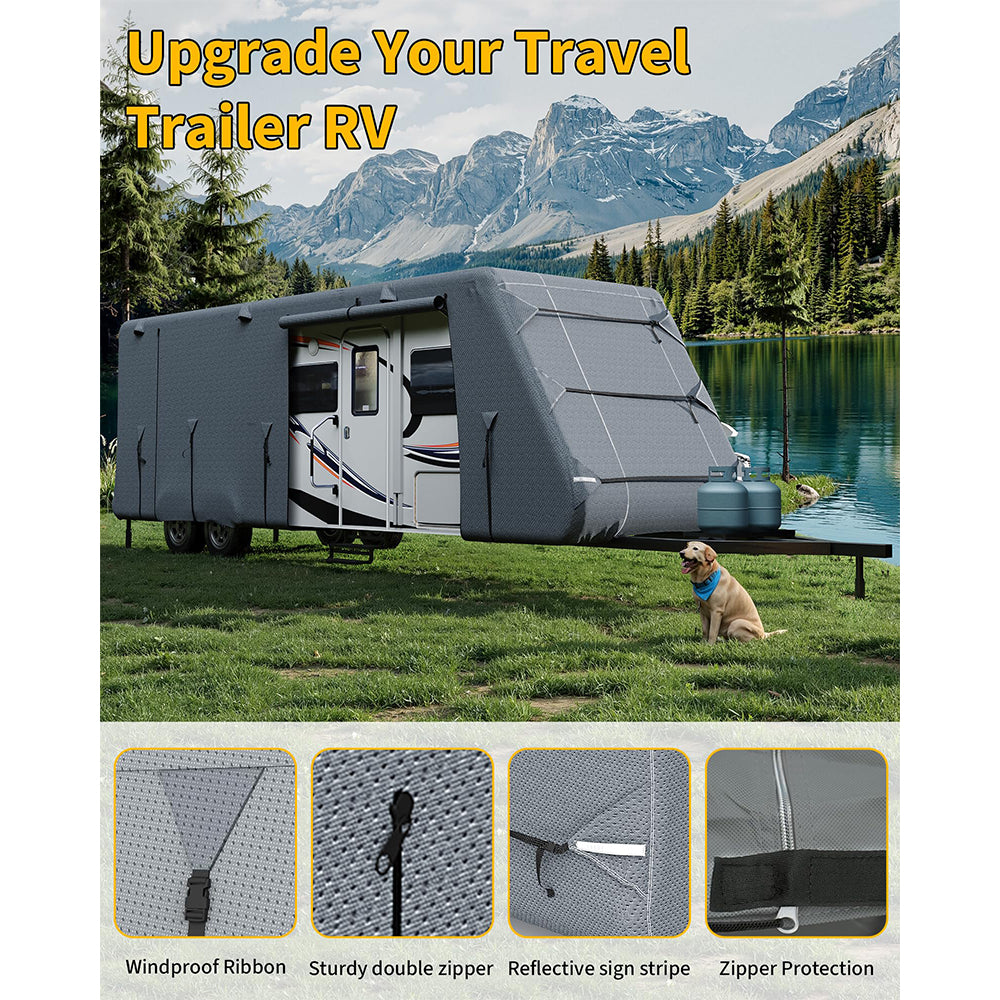 Garvee Travel Trailer RV Cover 27-30 ft, Extra-Thick 7 Layers, Windproof Straps Tire Covers, Waterproof UV Protection for Camper, Grey