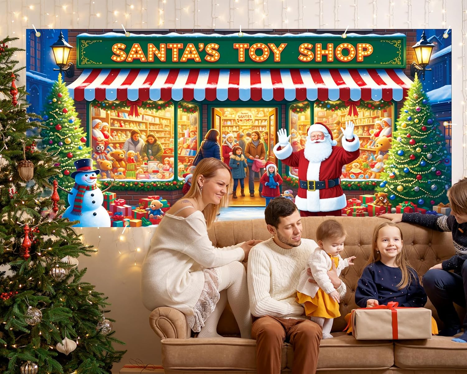 Garvee Santa's Workshop Garage Door Cover - 7x16 ft Christmas Holiday Decor with 4x6 m Ribbon Strings | Polyester Santa & Elves Scene for Home, Church, Party Decorations | Durable, Reusable & Fade-Resistant