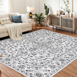 Garvee 10x13 Ft Boho Area Rug, Modern Floral Machine Washable Carpet for Living Room Bedroom, Ultra Thin Low Pile, Black - Dark Gray