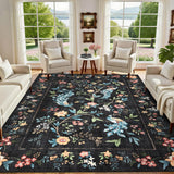 Garvee Floral Peacock Area Rug 8x10 Washable Non Slip Backing Soft Thin Accent Rug Black for Living Room Bedroom Dining Room Playroom Nursery Home Decor - Black