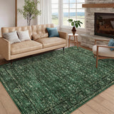 Garvee Washable Living Room Area Rug, 10x13, Vintage Distressed Floral, Non Slip, Low Pile, Stain Resistant, Green, Farmhouse Carpet for Bedroom Dining Room Nursery Playroom - Green