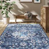 Garvee Washable Rugs 5x7 Rug for Living Room Distressed Vintage Rug for Bedroom Tribal Medallion Office Rug Low Pile Neutral Soft Nursery Rug Non Slip Farmhouse Floor Cover Navy Blue - Navy Blue