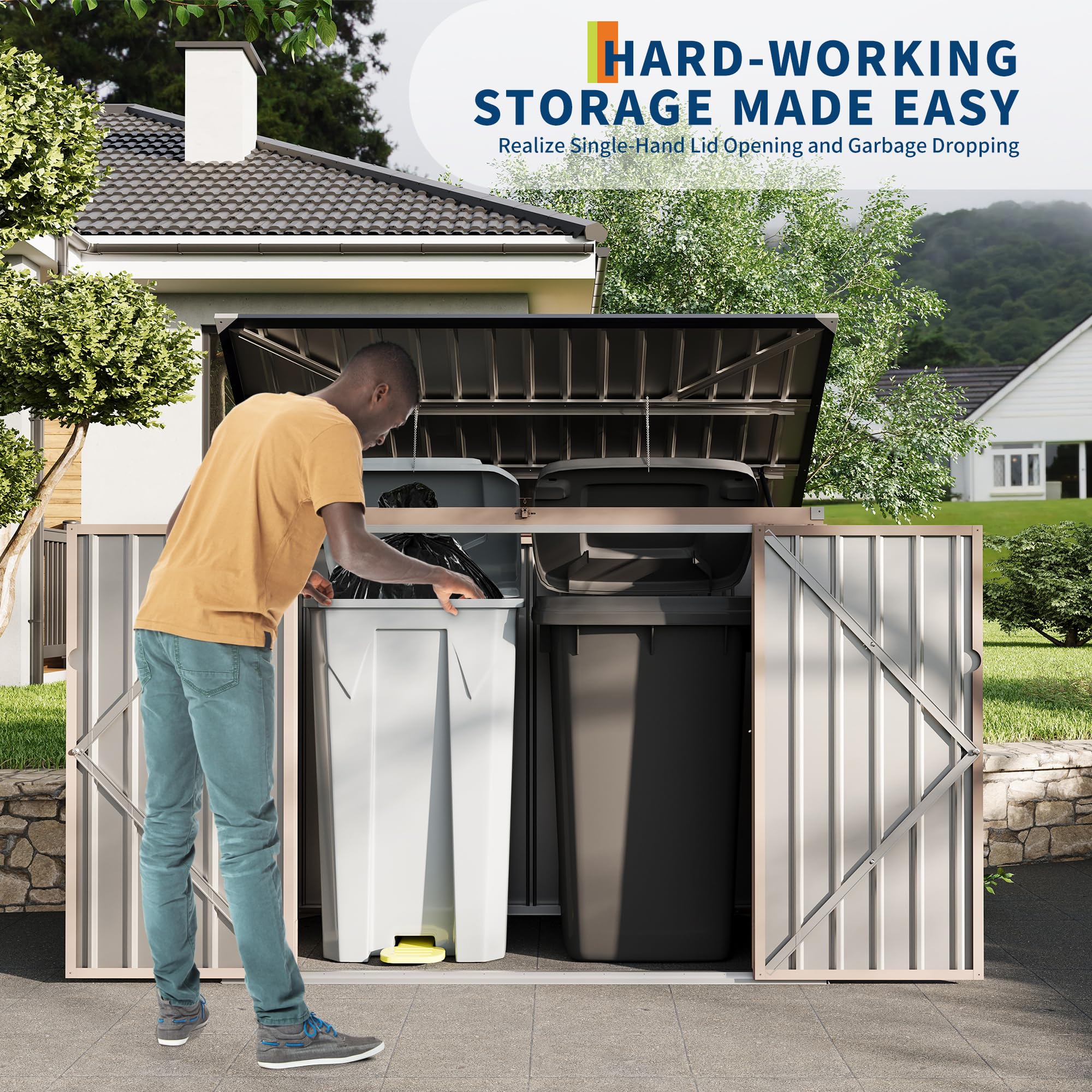 Garvee 3x6ft Metal Outdoor Storage Shed for 2 Trash Cans, Garbage Bin