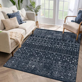 Garvee Washable Area Rug, Moroccan Farmhouse Neutral Geometric Stain Resistant Rug for Living Room Bedroom Low Pile Water Repellent Ultra Soft Faux Wool Black 5x7 - Black