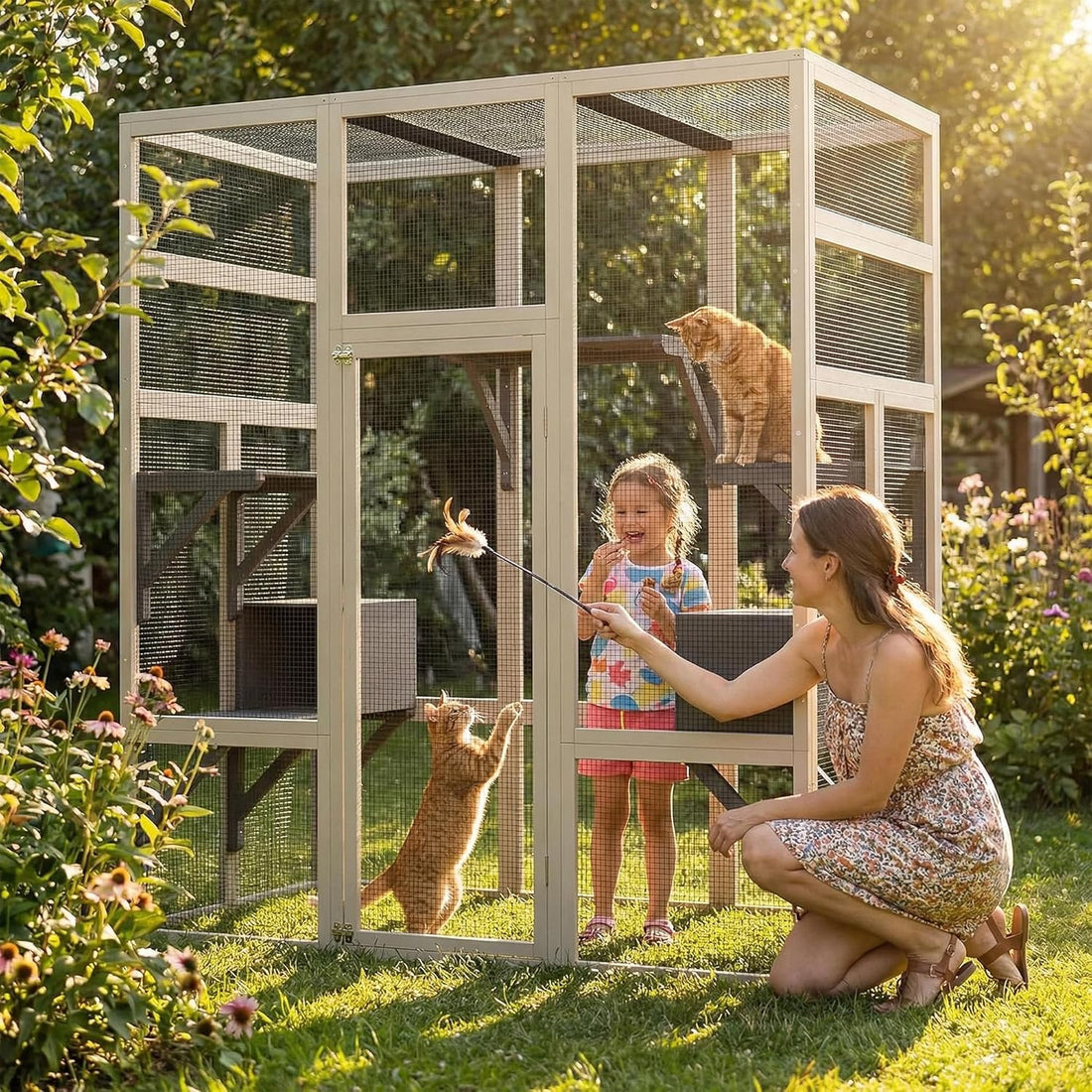 Garvee 70" Large Outdoor Catio Cat Enclosure, Wood Cat Patio with Waterproof UV-Resistant Roof, Cats Shelter with 5 Platforms and 2 Resting Box, and Secure Rust-Proof Wire for Backyard or Patio