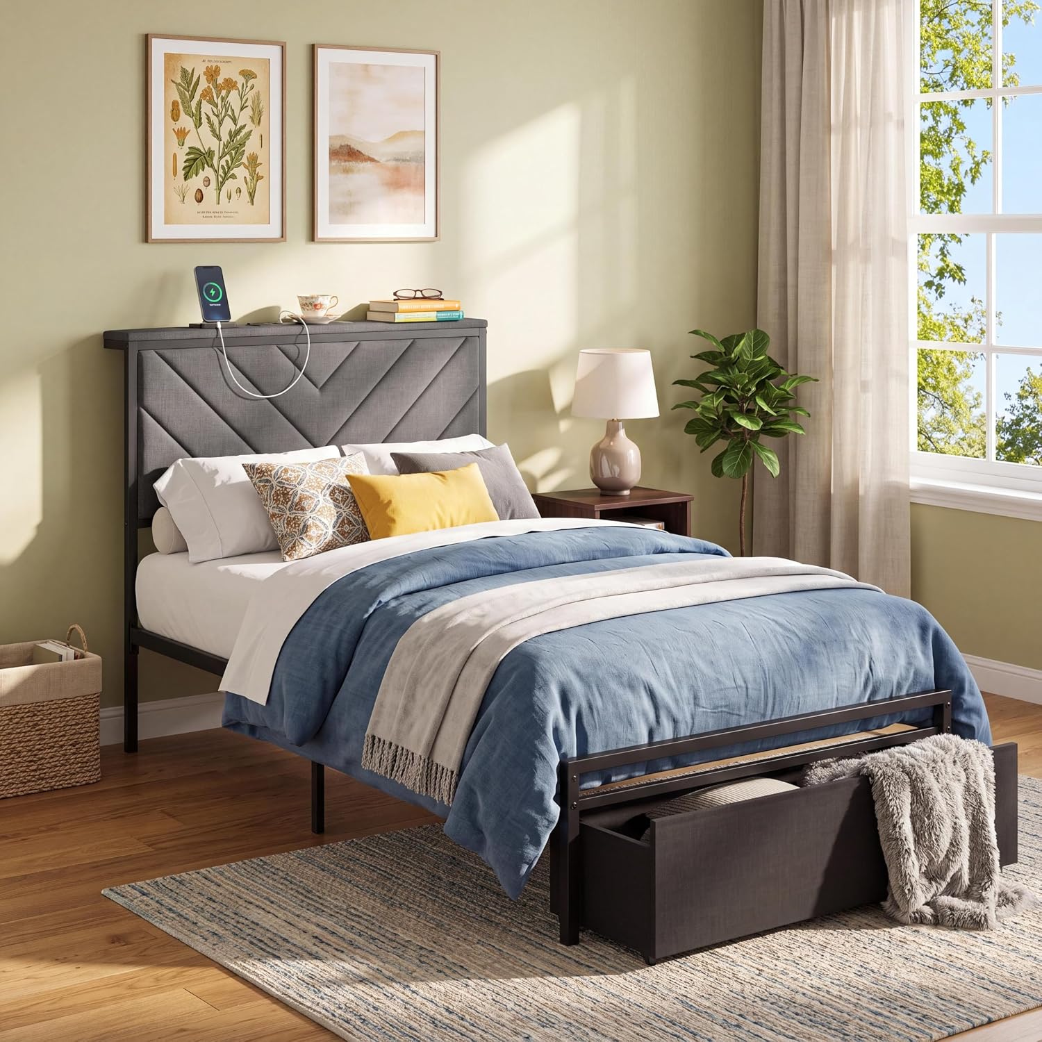 Garvee Twin Size Metal Platform Bed Frame with Upholstered Storage Headboard & Shelf, 2 Rolling Underbed Drawers, Charging Station, No Box Spring Needed, Easy Assembly, Gray