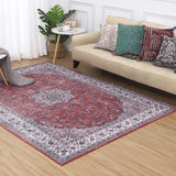 Garvee Area Rug 4x6 Vintage Floral Medallion Rug Machine Washable Indoor Entry Mat Distressed Print Low-Pile Living Room Carpet Non Slip Soft Throw Rug for Bedroom Bedside Kitchen, Rust Red - Red