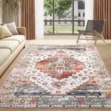 Garvee 4'x6' Vintage Area Rug, Machine Washable Living Room Rug, Non-Slip Boho Design, Tribal Medallion Print, Orange - Orange
