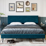 Garvee Full Size Bed Frame, Velvet Upholstered Platform Bed Frame, Wood Slat Support Bed Frame with Adjustable Height Headboard, No Box Spring Needed, Easy to Assemble, Noise Free, Blue - Blue