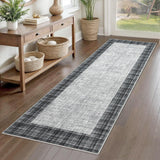 Garvee Washable Runner Rug 2x6 Modern Plaid Rugs Distressed Checkered Hallway Runners Non Slip Low Pile Rug Runners Farmhouse Floor Cover for Laundry Room Kitchen Bedroom Living Room, Grey - Gray