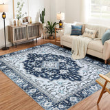 Garvee Washable Vintage Floral Area Rug 3x5- Non-Slip Print, Non-Shedding, Soft Foldable Carpets for Dining Room, Bedroom, Living Room, Kitchen Entryway, Blue - Blue