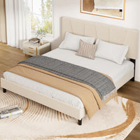 Garvee Full Size Bed Frame With Headboard Adjustable, Velvet Upholstered Full Platform Bed With Headboard, Mattress Foundation With Wooden Slats, No Box Spring Needed, Easy Assembly, Beige/Cream