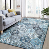 Garvee Washable Area Rug Moroccan Trellis Distressed Stain Resistant Non-Slip Vintage Medallion Accent Rug 3' x 5' - Blue