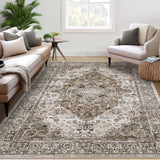 Garvee Washable Rugs 8x10 Area Rug Vintage Floral Medallion Non Shedding Stain Resistant Brown - Brown
