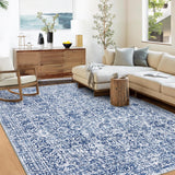 Garvee Washable Area Rug 10x13 Large Living Room Rug Non-Slip Backing Blue Tint Oriental Distressed Floral Carpet - Blue