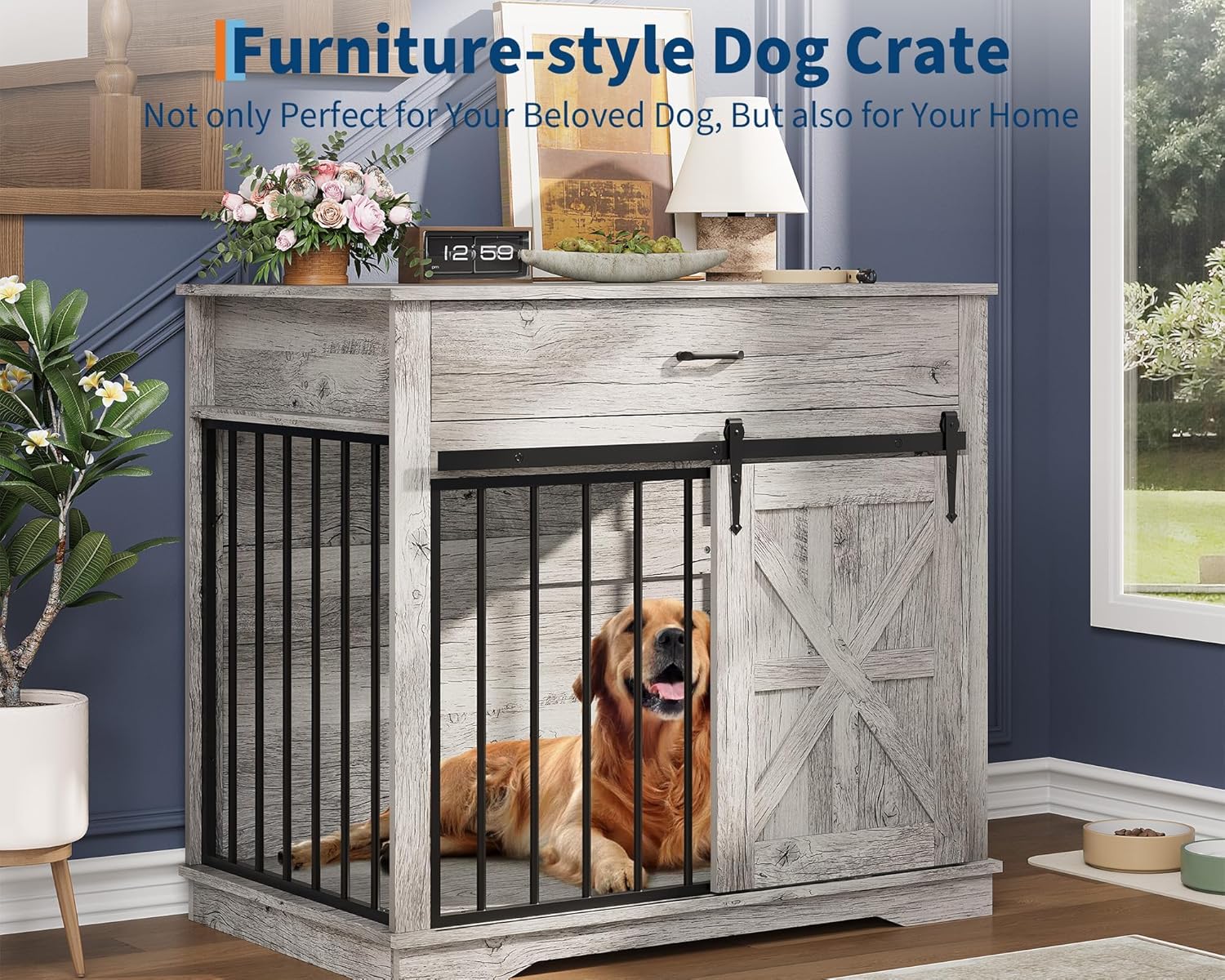 Garvee 37.8"W Dog Crate Furniture for Small/Medium Dogs, 2-in-1 Iron-Wood Fusion Dog Cage Indoor As Side End Table, Farmhouse Dogs Kennel with Sliding Barn Doors & Storage Drawer, Gray