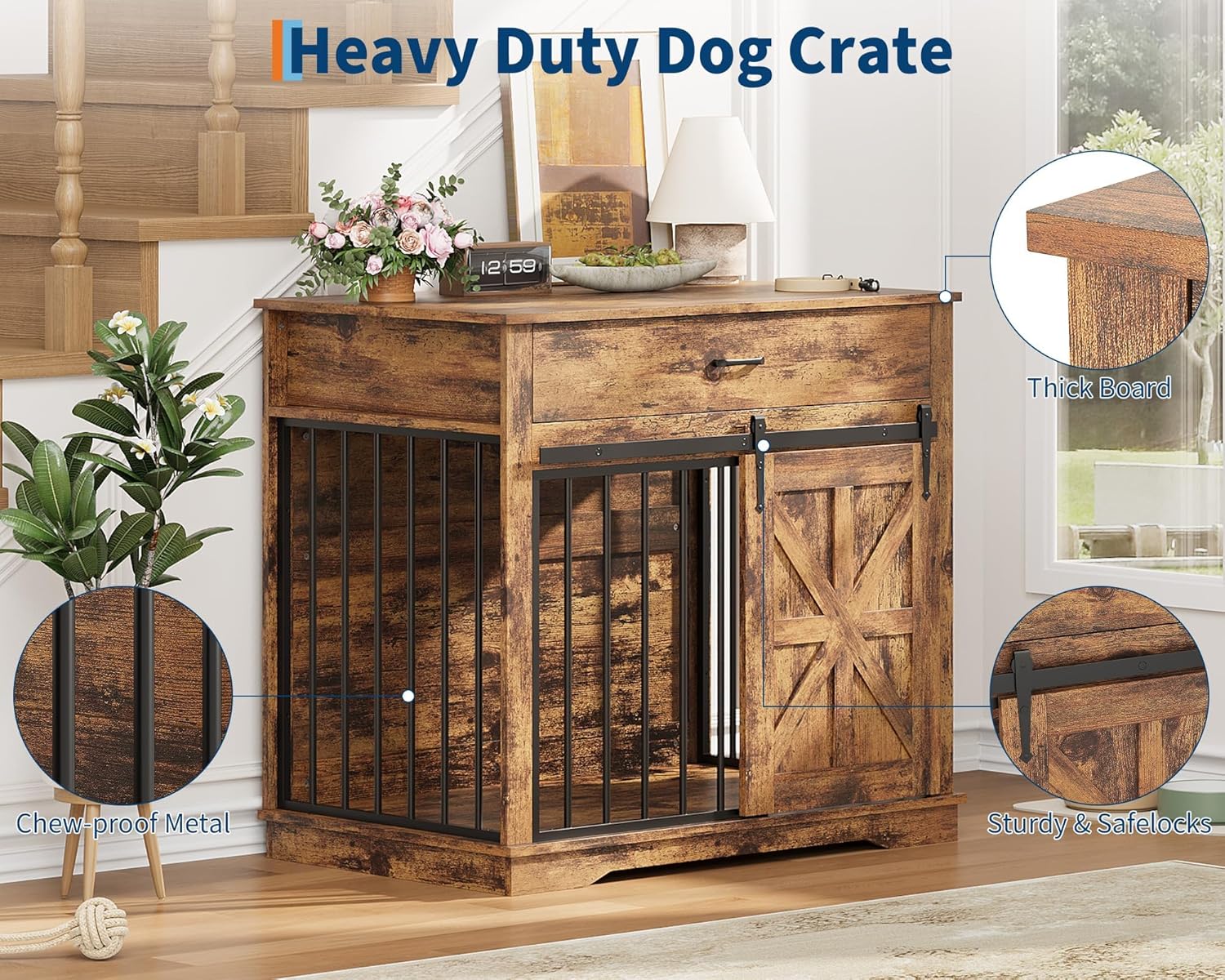 Garvee 37.8"W Dog Crate Furniture for Small/Medium Dogs, 2-in-1 Iron-Wood Fusion Dog Cage Indoor As Side End Table, Farmhouse Dogs Kennel with Sliding Barn Doors & Storage Drawer, Brown