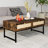 Garvee Rattan Coffee Table with Storage, Mid Century Modern Rectangle Center Table with 2 Drawers & Metal Frame, Accent Table for Living Room, Apartment, Brown - Brown + Black