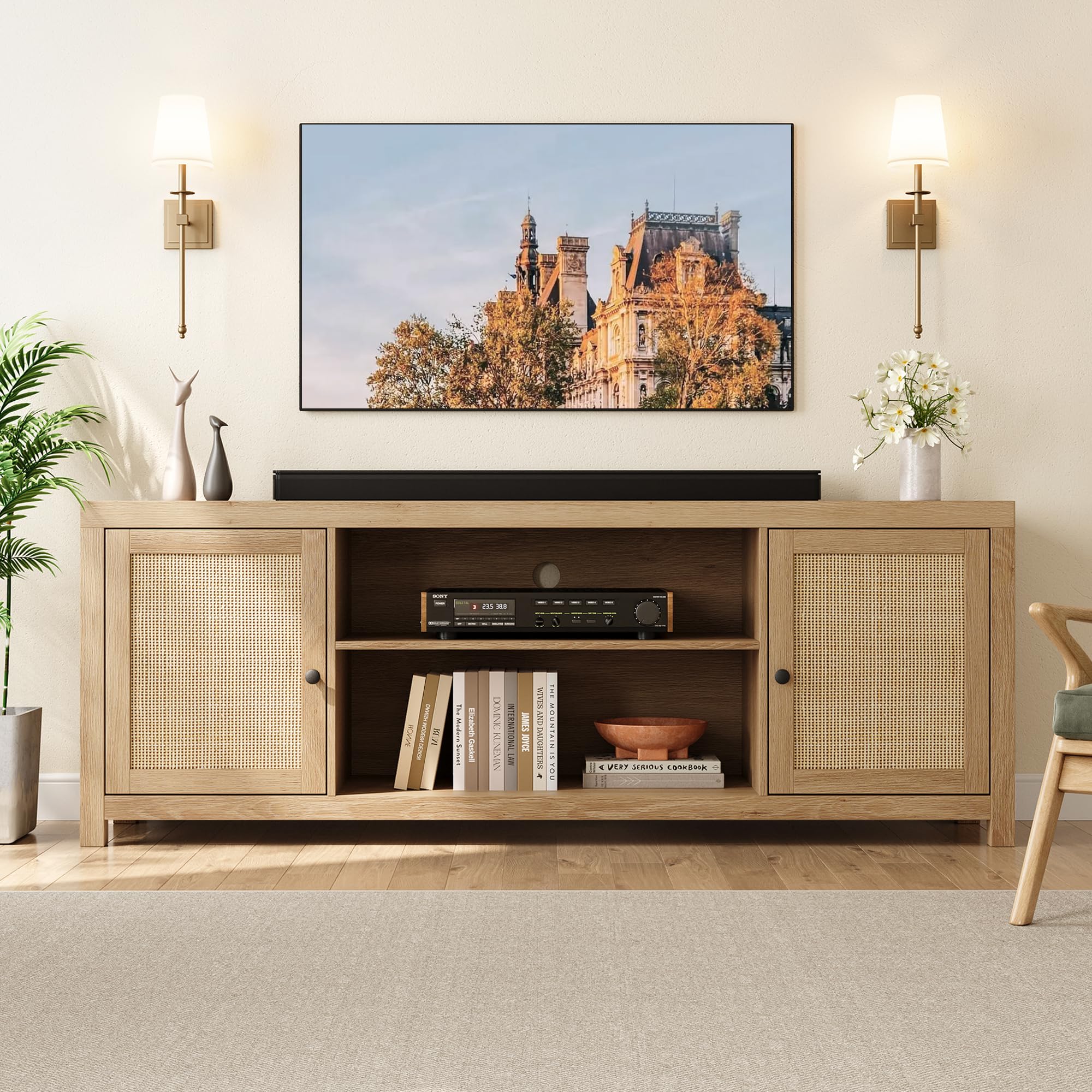 GARVEE Rattan TV Stand for 75 Inch TVs - Versatile Boho Style